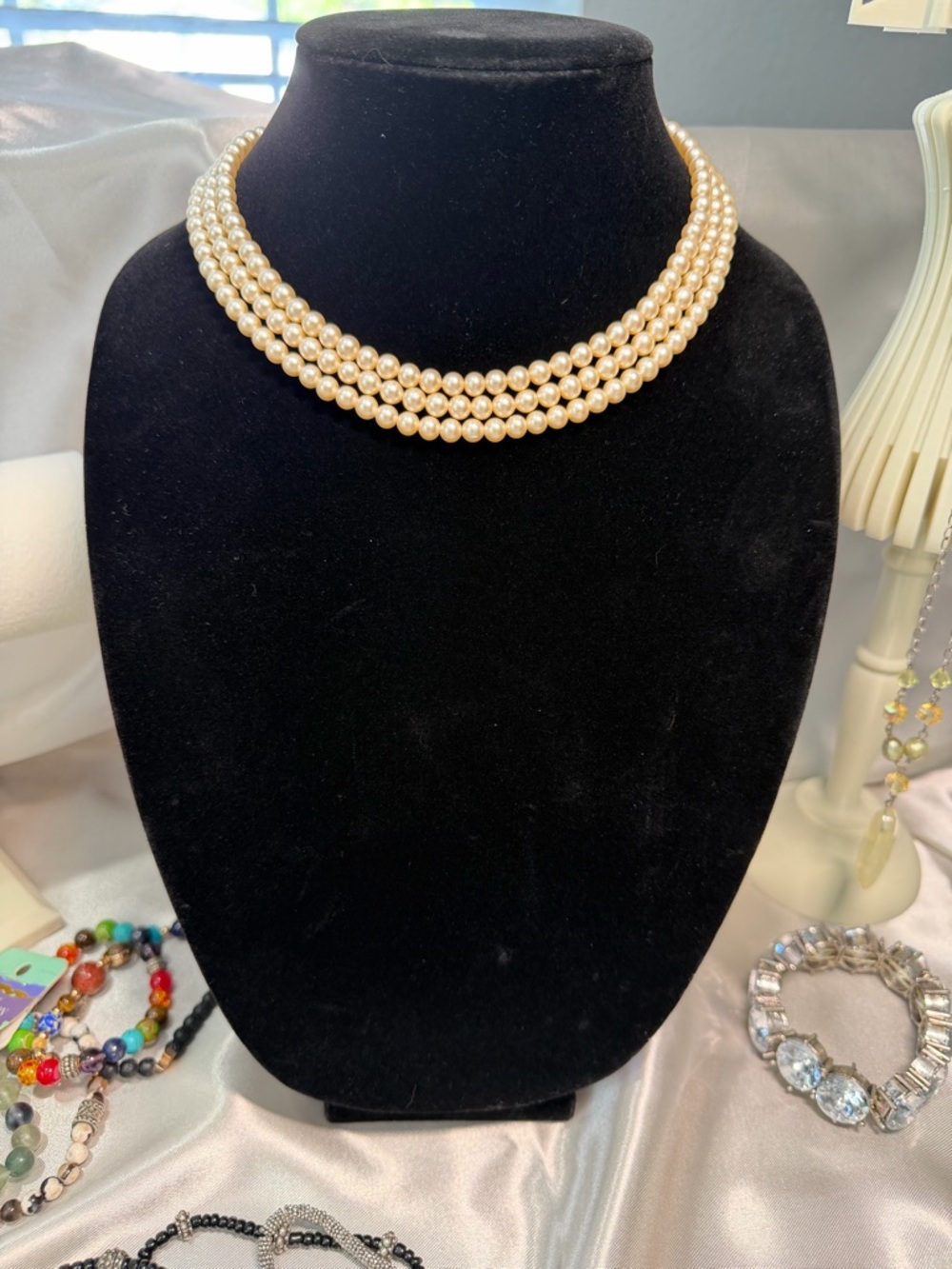 Vintage Triple Strand Faux Pearl Necklace Mid-Century Rhinestone Clasp